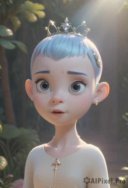 1girl,solo,looking at viewer,short hair,shirt,dress,jewelry,blue hair,white shirt,upper body,earrings,outdoors,parted lips,teeth,necklace,blurry,black eyes,lips,eyelashes,blurry background,sunlight,tiara,crown,child,nature,forest,freckles,light rays,female child,open mouth,blue eyes,hair ornament,flower,artist name,leaf,watermark,very short hair