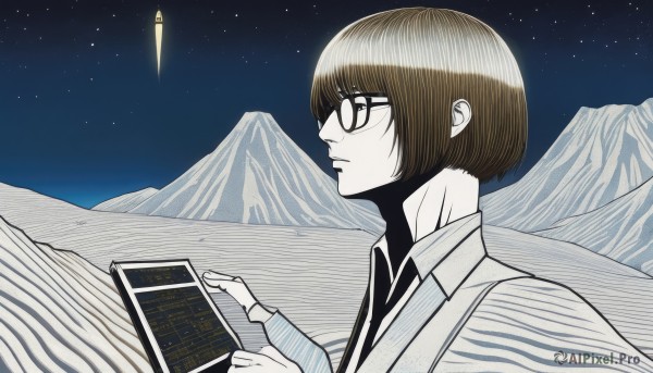 1girl,solo,short hair,bangs,brown hair,shirt,long sleeves,1boy,holding,upper body,male focus,outdoors,sky,glasses,collared shirt,from side,sweater,profile,night,bob cut,star (sky),night sky,starry sky,mountain,mountainous horizon,closed mouth,monochrome,necktie,parody,spot color,black-framed eyewear,rocket