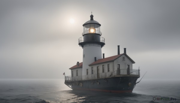 outdoors,sky,cloud,water,no humans,glowing,ocean,cloudy sky,scenery,sun,horizon,watercraft,ship,waves,tower,boat,grey sky,simple background,window,lantern,light,dock