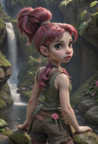 1girl,solo,long hair,breasts,looking at viewer,shirt,bare shoulders,brown eyes,jewelry,ponytail,pink hair,ass,flower,red hair,cowboy shot,earrings,outdoors,parted lips,shorts,sleeveless,belt,looking back,water,from behind,lips,bare arms,short shorts,leaf,tank top,plant,nature,pink flower,freckles,rock,waterfall,green eyes,small breasts,artist name,torn clothes,makeup,denim,goggles,denim shorts,goggles on head,injury,realistic,nose,hair tie,dirty,brown shorts,dirty face,moss,dirty clothes