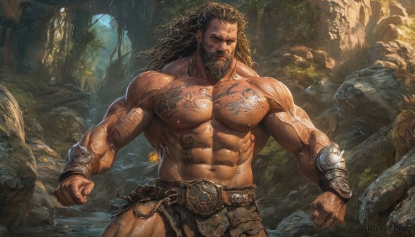 solo,long hair,looking at viewer,brown hair,black hair,1boy,navel,jewelry,closed mouth,nipples,male focus,thighs,cowboy shot,outdoors,belt,stomach,tree,tattoo,muscular,facial hair,scar,thick thighs,abs,sunlight,thick eyebrows,pectorals,muscular male,nature,bara,pelvic curtain,beard,clenched hands,forest,large pectorals,veins,topless male,rock,mature male,realistic,mustache,bracer,arm tattoo,manly,chest hair,loincloth,biceps,chest tattoo,thick arms,dark skin,water,gauntlets,veiny arms