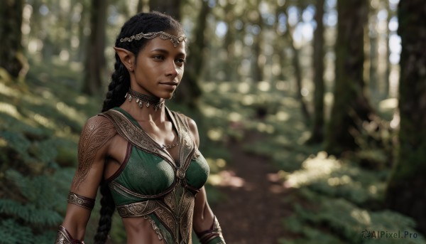 1girl,solo,long hair,breasts,black hair,cleavage,jewelry,medium breasts,upper body,braid,outdoors,choker,pointy ears,dark skin,necklace,blurry,dark-skinned female,lips,single braid,tattoo,depth of field,blurry background,elf,nature,armlet,forest,circlet,realistic,nose,armor,fantasy