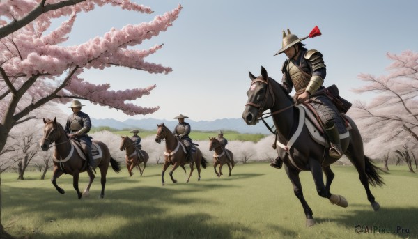 1boy,hat,weapon,male focus,outdoors,multiple boys,sky,day,sword,armor,tree,blue sky,animal,helmet,grass,cherry blossoms,sheath,6+boys,riding,japanese armor,multiple others,horse,ambiguous gender,horseback riding,reins,saddle,plume,holding,japanese clothes,holding weapon,uniform,flag,soldier,samurai,kabuto (helmet),jingasa