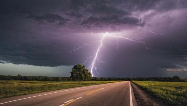 outdoors,sky,cloud,tree,no humans,cloudy sky,grass,nature,scenery,mountain,electricity,road,field,lightning,landscape,path,hill,forest,horizon