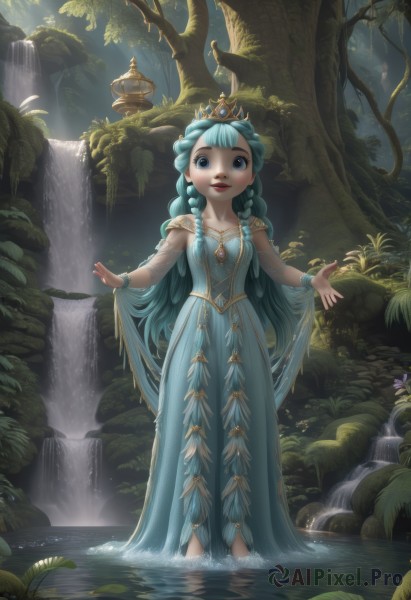 1girl,solo,long hair,looking at viewer,open mouth,bangs,blue eyes,dress,jewelry,very long hair,blue hair,standing,collarbone,braid,earrings,outdoors,parted lips,barefoot,artist name,blunt bangs,water,necklace,twin braids,bracelet,tree,lips,see-through,aqua hair,makeup,blue dress,leaf,tiara,crown,plant,gem,nature,wading,forest,waterfall,smile,full body,flower,teeth,night,rock