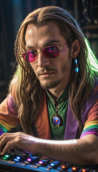 solo,long hair,looking at viewer,blue eyes,blonde hair,brown hair,shirt,1boy,jewelry,closed mouth,upper body,male focus,earrings,glasses,indoors,necklace,blurry,blurry background,facial hair,sunglasses,gem,beard,realistic,green shirt,mustache,tinted eyewear,poker chip,vest,lips,fur trim,thick eyebrows,forehead,pendant,nose