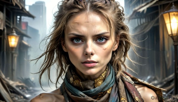 HQ,1girl,solo,looking at viewer,short hair,blue eyes,blonde hair,brown hair,bare shoulders,green eyes,outdoors,parted lips,scarf,blurry,lips,blurry background,scar,building,messy hair,portrait,forehead,realistic,nose,lamppost,dirty,upper body,teeth,depth of field,wind,close-up,injury,dirty face