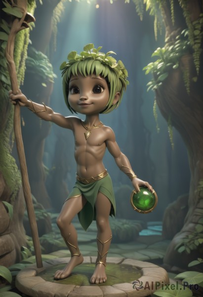 solo,smile,1boy,navel,brown eyes,jewelry,full body,male focus,outdoors,green hair,barefoot,dark skin,necklace,black eyes,tree,leaf,abs,dark-skinned male,staff,child,nature,forest,topless male,male child,head wreath,loincloth,nipples,pectorals