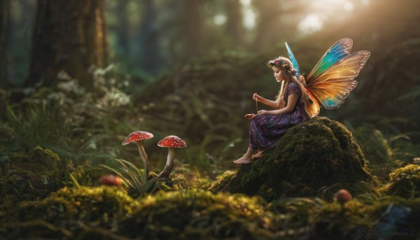 1girl,solo,short hair,hair ornament,dress,sitting,braid,flower,short sleeves,outdoors,wings,barefoot,hair flower,blurry,from side,tree,profile,depth of field,blurry background,blue dress,sunlight,grass,plant,nature,scenery,forest,minigirl,rock,fantasy,fairy wings,fairy,head wreath,mushroom,butterfly wings,moss,tree stump,long hair,blonde hair,jewelry,day,purple dress,wide shot