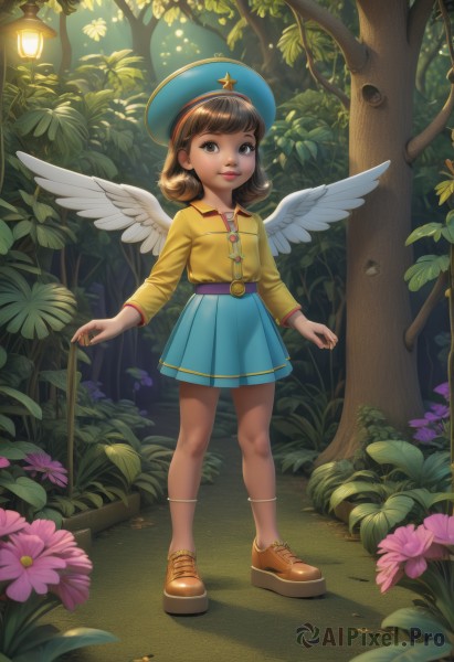 1girl,solo,looking at viewer,smile,short hair,bangs,skirt,brown hair,shirt,long sleeves,hat,brown eyes,closed mouth,standing,full body,flower,pleated skirt,outdoors,wings,shoes,day,socks,belt,star (symbol),flat chest,tree,lips,blue skirt,leaf,watermark,brown footwear,grass,plant,sneakers,child,nature,feathered wings,pink flower,blue headwear,forest,angel wings,yellow shirt,lantern,white wings,female child,yellow footwear,yellow socks,jewelry,parted lips,artist name,hat ornament,yellow skirt,star hat ornament,aqua skirt