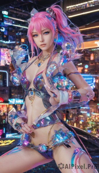 1girl,solo,long hair,breasts,looking at viewer,blue eyes,hair ornament,navel,twintails,jewelry,medium breasts,blue hair,swimsuit,pink hair,bikini,multicolored hair,parted lips,necklace,nail polish,lips,ring,knife,science fiction,city,bikini armor,cleavage,hair between eyes,standing,braid,cowboy shot,small breasts,side ponytail,bracelet,watermark,piercing,gem,armlet,realistic,glass,coin,thumb ring,cyberpunk,holographic interface