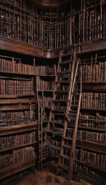 monochrome,indoors,book,no humans,scenery,stairs,bookshelf,sepia,library,ceiling,ladder,brown theme,voile,solo