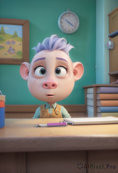 1girl,solo,short hair,open mouth,shirt,1boy,animal ears,green eyes,purple hair,white hair,grey hair,male focus,teeth,collared shirt,artist name,indoors,vest,book,table,child,furry,desk,freckles,furry female,clock,furry male,male child,pencil,chalkboard,buck teeth,wall clock,looking at viewer,upper body,signature