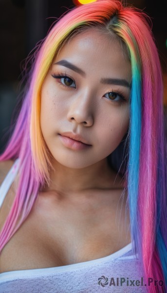 1girl,solo,long hair,breasts,looking at viewer,smile,blonde hair,large breasts,shirt,cleavage,brown eyes,medium breasts,closed mouth,blue hair,collarbone,white shirt,upper body,pink hair,multicolored hair,blurry,two-tone hair,lips,head tilt,eyelashes,blurry background,tank top,portrait,freckles,realistic,nose,rainbow hair,streaked hair,makeup,watermark,web address,forehead,mascara