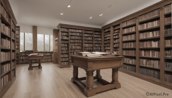 indoors,tree,book,no humans,window,chair,table,scenery,wooden floor,bookshelf,lamp,book stack,library,ceiling,ceiling light,wooden chair,day,reflective floor