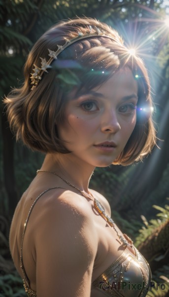 1girl,solo,breasts,looking at viewer,short hair,bangs,brown hair,hair ornament,bare shoulders,brown eyes,jewelry,medium breasts,upper body,hairband,outdoors,parted lips,day,artist name,necklace,mole,blurry,from side,tree,lips,looking to the side,eyelashes,mole under eye,blurry background,leaf,sunlight,gem,nature,lens flare,forest,freckles,realistic,nose,dappled sunlight,green eyes,small breasts,teeth,bra,depth of field,plant,backlighting,gold chain