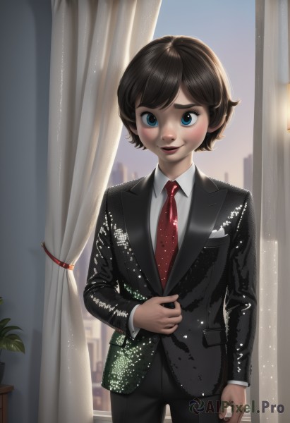 1girl,solo,looking at viewer,blush,smile,short hair,bangs,blue eyes,brown hair,shirt,black hair,long sleeves,1boy,standing,jacket,white shirt,male focus,cowboy shot,necktie,collared shirt,pants,artist name,indoors,lips,black jacket,window,black pants,formal,suit,plant,curtains,red necktie,androgynous,freckles,realistic,potted plant,child,city,male child