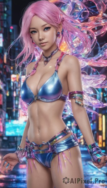 1girl,solo,long hair,breasts,looking at viewer,blue eyes,navel,cleavage,bare shoulders,jewelry,medium breasts,standing,swimsuit,pink hair,bikini,cowboy shot,earrings,wings,shorts,choker,midriff,dark skin,necklace,stomach,nail polish,blurry,bracelet,dark-skinned female,lips,short shorts,blurry background,piercing,ear piercing,blue bikini,armlet,realistic,nose,bangs,hair ornament,closed mouth,braid,outdoors,shiny,artist name,twin braids,fingernails,shiny skin,parted bangs,night,floating hair,watermark,ring,web address,pink nails,city,fairy wings,navel piercing