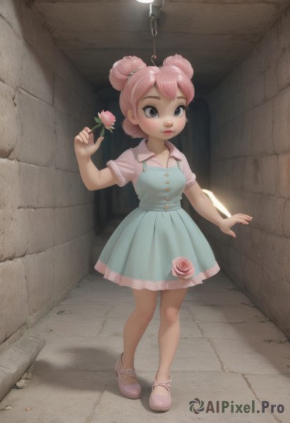 1girl,solo,breasts,short hair,blue eyes,shirt,dress,holding,standing,full body,pink hair,flower,ahoge,short sleeves,shoes,collared shirt,artist name,indoors,hair bun,black eyes,lips,grey eyes,double bun,buttons,blue dress,shadow,rose,short dress,child,pink flower,pink footwear,holding flower,female child,pink rose,alley,looking at viewer,blush,skirt,closed mouth,web address,pink shirt,borrowed character,light bulb