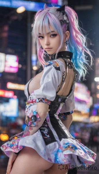 1girl,solo,long hair,breasts,looking at viewer,bangs,skirt,hair ornament,dress,twintails,brown eyes,jewelry,medium breasts,closed mouth,blue hair,standing,pink hair,ass,short sleeves,multicolored hair,cowboy shot,earrings,puffy sleeves,looking back,artist name,from behind,nail polish,blurry,two-tone hair,lips,see-through,grey eyes,sideboob,gradient hair,makeup,no panties,depth of field,blurry background,short dress,piercing,realistic,nose,cyberpunk,purple hair,white hair,sidelocks,thighs,small breasts,signature,medium hair,bag,black eyes,from side,puffy short sleeves,streaked hair,watermark,science fiction