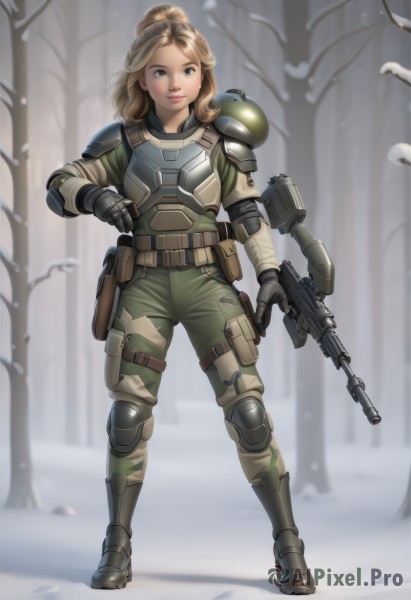 1girl,solo,long hair,looking at viewer,smile,blue eyes,blonde hair,brown hair,gloves,white background,holding,brown eyes,standing,full body,ponytail,weapon,boots,outdoors,holding weapon,armor,blurry,tree,lips,gun,military,shoulder armor,holding gun,nature,rifle,snow,forest,science fiction,snowing,realistic,assault rifle,holster,knee pads,camouflage,winter,submachine gun,bare tree,belt,pouch