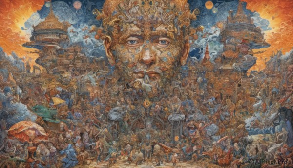 blue eyes,hat,holding,weapon,multiple boys,sky,sword,cloud,armor,facial hair,traditional media,crown,building,scenery,beard,science fiction,6+boys,fantasy,sun,painting (medium),old,castle,spacecraft,looking at viewer,outdoors,tree,no humans,bird,moon,skull,mountain,city,architecture,planet,horse,6+others,elephant