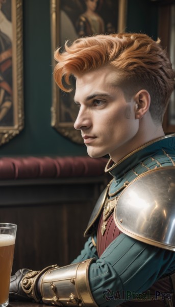 solo,short hair,blue eyes,blonde hair,brown hair,1boy,holding,jewelry,closed mouth,upper body,male focus,earrings,parted lips,indoors,orange hair,armor,blurry,from side,cup,lips,profile,blurry background,facial hair,shoulder armor,gauntlets,holding cup,alcohol,drinking glass,pauldrons,mug,realistic,nose,glass,stud earrings,beer,beer mug,bar (place),artist name,signature,table