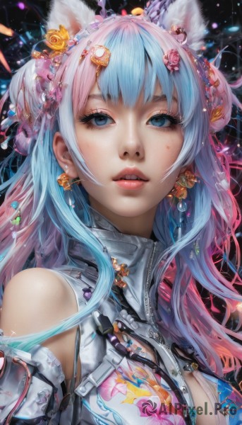 1girl,solo,long hair,breasts,looking at viewer,bangs,blue eyes,hair ornament,animal ears,cleavage,bare shoulders,jewelry,medium breasts,blue hair,upper body,pink hair,flower,multicolored hair,earrings,parted lips,teeth,cat ears,hair flower,two-tone hair,lips,animal ear fluff,clothing cutout,eyelashes,gradient hair,makeup,floral print,cleavage cutout,lipstick,zipper,freckles,realistic,nose,hairclip,artist name,hair bun,double bun,wolf ears,black background,portrait,pink flower