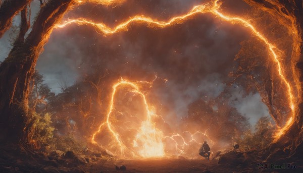 A male portrayed in a inviting fiery outdoors