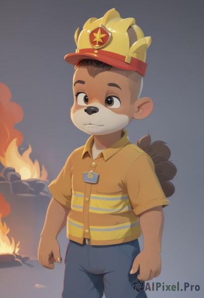 solo,simple background,brown hair,shirt,1boy,hat,animal ears,brown eyes,closed mouth,standing,tail,short sleeves,male focus,cowboy shot,shorts,collared shirt,belt,pants,grey background,fire,child,furry,yellow shirt,furry male,male child,bear ears,helmet,denim,polo shirt