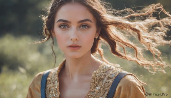 1girl,solo,long hair,looking at viewer,brown hair,brown eyes,jewelry,collarbone,upper body,earrings,outdoors,parted lips,blurry,lips,grey eyes,eyelashes,floating hair,depth of field,blurry background,wavy hair,wind,portrait,realistic,nose,dress,thick eyebrows