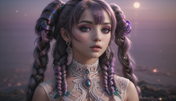 1girl,solo,long hair,bangs,blue eyes,black hair,hair ornament,bare shoulders,jewelry,upper body,purple hair,braid,multicolored hair,earrings,outdoors,parted lips,sleeveless,hairclip,artist name,blurry,twin braids,lips,eyelashes,makeup,night,depth of field,blurry background,moon,brooch,gem,portrait,eyeshadow,freckles,realistic,nose,mascara,multiple braids,looking at viewer,brown hair,dress,sky,teeth,necklace,thick eyebrows,lipstick,lace,lens flare,eyeliner,bokeh