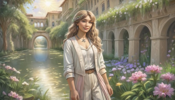 1girl,solo,long hair,breasts,looking at viewer,smile,blue eyes,blonde hair,brown hair,shirt,hair ornament,cleavage,brown eyes,jewelry,medium breasts,closed mouth,standing,jacket,white shirt,flower,cowboy shot,earrings,outdoors,open clothes,sky,day,belt,pants,hair flower,water,necklace,open jacket,tree,lips,window,buttons,wavy hair,sunlight,grass,light smile,plant,building,nature,scenery,pendant,light rays,realistic,white pants,arms at sides,sun,brown belt,sunbeam,house,river,lily pad,arch,collarbone,church