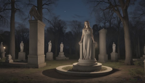 1girl,solo,long hair,brown hair,dress,outdoors,sky,tree,night,moon,grass,nature,night sky,scenery,forest,candle,crescent moon,pillar,bare tree,statue,tombstone,graveyard,column,grave,breasts,white dress,bush,stone lantern