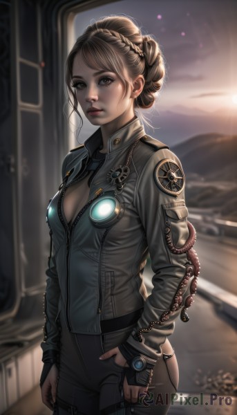 1girl,solo,breasts,looking at viewer,short hair,brown hair,long sleeves,cleavage,brown eyes,jewelry,medium breasts,standing,jacket,braid,cowboy shot,outdoors,parted lips,open clothes,pants,artist name,signature,fingerless gloves,hair bun,blurry,uniform,lips,eyelashes,bodysuit,depth of field,blurry background,black pants,french braid,zipper,science fiction,pocket,hand in pocket,realistic,grey jacket,nose,emblem,unzipped,crown braid,leather,badge,blonde hair,gloves,backlighting,freckles