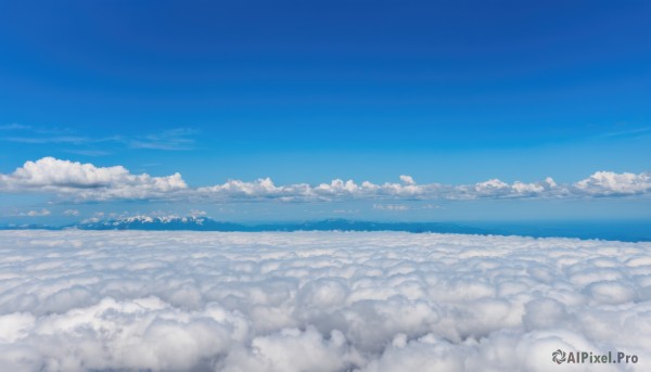 outdoors,sky,day,cloud,blue sky,no humans,ocean,cloudy sky,scenery,blue theme,horizon,landscape,above clouds,monochrome,water,island