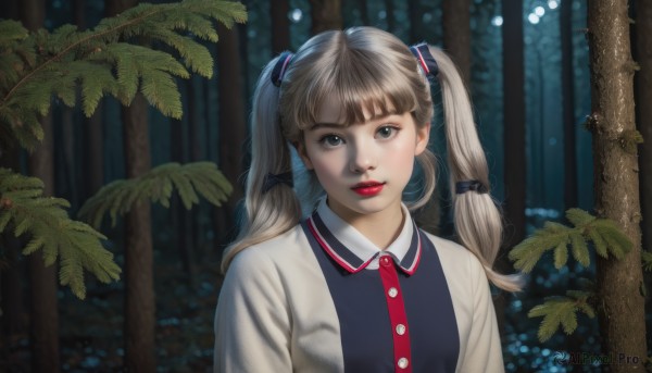 1girl,solo,long hair,looking at viewer,bangs,blonde hair,brown hair,shirt,hair ornament,ribbon,twintails,closed mouth,jacket,hair ribbon,upper body,grey hair,outdoors,collared shirt,blunt bangs,blurry,tree,lips,grey eyes,makeup,buttons,blurry background,plant,lipstick,nature,forest,realistic,red lips,blue eyes,bow,white shirt,hair bow,leaf,blue shirt