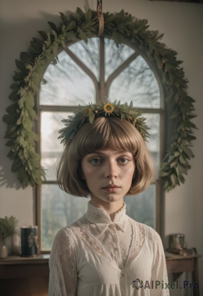 1girl,solo,looking at viewer,short hair,bangs,blue eyes,brown hair,shirt,hair ornament,long sleeves,closed mouth,white shirt,upper body,flower,day,artist name,indoors,blunt bangs,blurry,tree,lips,window,expressionless,bob cut,plant,lace trim,lace,realistic,nose,head wreath,wreath