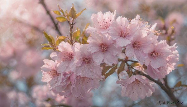 flower,outdoors,blurry,tree,no humans,depth of field,blurry background,leaf,plant,white flower,cherry blossoms,scenery,pink flower,branch,still life,day,signature,realistic