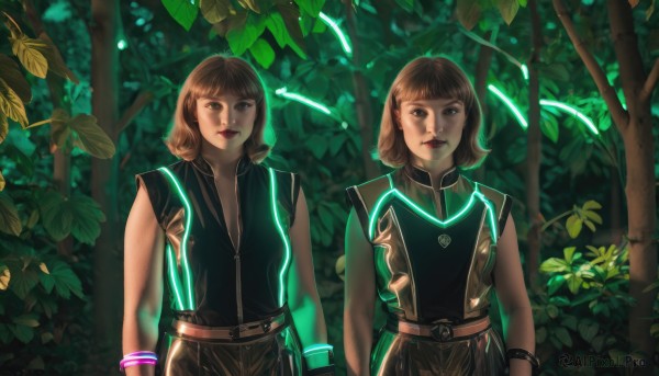 looking at viewer,smile,short hair,bangs,multiple girls,brown hair,2girls,brown eyes,jewelry,closed mouth,upper body,outdoors,sleeveless,belt,medium hair,bracelet,tree,lips,makeup,glowing,leaf,plant,lipstick,nature,forest,realistic,red lips,breasts,black eyes,science fiction