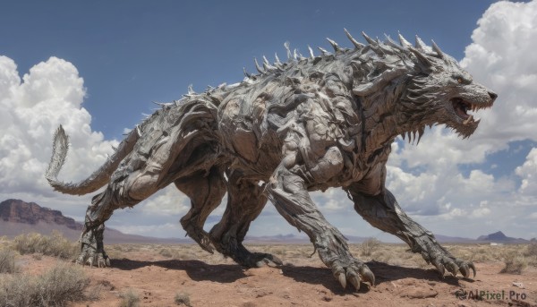 solo,open mouth,red eyes,standing,tail,outdoors,sky,teeth,day,cloud,blue sky,no humans,fangs,cloudy sky,grass,sharp teeth,scenery,claws,spikes,monster,desert,dinosaur,animal,fantasy