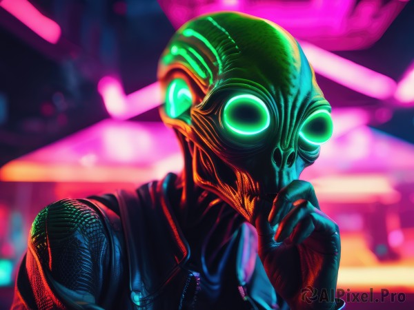 solo,looking at viewer,gloves,1boy,green eyes,jacket,upper body,male focus,black gloves,blurry,vest,mask,blurry background,glowing,glowing eyes,science fiction,cyberpunk,neon lights,bodysuit,depth of field,helmet,alien