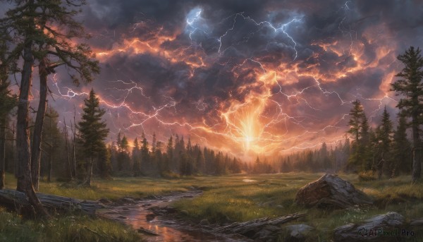 A glimpse of a lightning in a lush sunset outdoors
