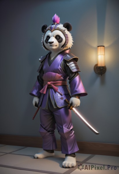 solo,looking at viewer,smile,long sleeves,1boy,hat,holding,animal ears,closed mouth,standing,full body,weapon,male focus,japanese clothes,barefoot,alternate costume,pants,sword,indoors,kimono,holding weapon,armor,mask,holding sword,katana,shoulder armor,sheath,furry,lantern,japanese armor,furry male,shoulder pads,purple pants,white hair,white fur,bear ears,panda