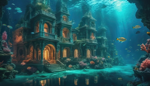 water,no humans,window,ocean,animal,sunlight,building,scenery,fish,bubble,light rays,stairs,underwater,fantasy,railing,air bubble,watercraft,architecture,sunbeam,ruins,pillar,swimming,church,arch,turtle,coral,outdoors,bridge,castle