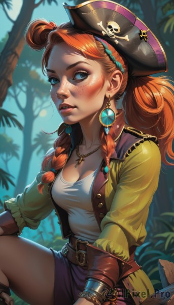 1girl,solo,long hair,breasts,looking at viewer,blue eyes,skirt,shirt,hat,cleavage,jewelry,medium breasts,sitting,braid,red hair,earrings,outdoors,parted lips,open clothes,teeth,belt,necklace,orange hair,twin braids,tree,lips,eyelashes,makeup,freckles,nose,pirate hat,pirate,skull and crossbones,tricorne,long sleeves,jacket,white shirt,boots,shorts,miniskirt,blurry,open jacket,blurry background,nature,forest,purple skirt,realistic,brown belt,purple shorts