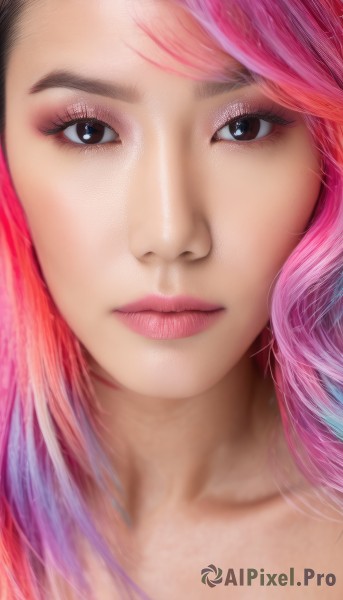 1girl,solo,long hair,looking at viewer,bangs,brown eyes,closed mouth,collarbone,pink hair,multicolored hair,black eyes,two-tone hair,lips,eyelashes,gradient hair,makeup,swept bangs,lipstick,portrait,close-up,eyeshadow,realistic,nose,eyeliner,mascara