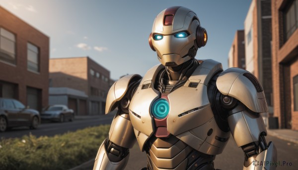 solo,blue eyes,1boy,upper body,outdoors,sky,day,blurry,no humans,window,blurry background,glowing,robot,ground vehicle,building,mecha,glowing eyes,motor vehicle,science fiction,city,car,looking ahead,humanoid robot,radio antenna,male focus,looking to the side,road,bush,autobot