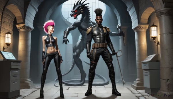 1girl,breasts,short hair,black hair,red eyes,gloves,1boy,navel,holding,bare shoulders,medium breasts,standing,tail,weapon,pink hair,boots,teeth,pointy ears,midriff,belt,pants,sword,indoors,dark skin,fingerless gloves,armor,crop top,gun,facial hair,sharp teeth,lipstick,spiked hair,skin tight,claws,beard,handgun,monster,dragon,scales,very short hair,leather,whip,rapier,tight pants,holding whip,leather pants,jewelry,red hair,earrings,tattoo,fangs,pompadour,mohawk,dreadlocks