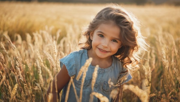 1girl,solo,long hair,looking at viewer,smile,open mouth,brown hair,shirt,brown eyes,upper body,short sleeves,outdoors,teeth,signature,blurry,lips,depth of field,blurry background,blue shirt,child,curly hair,realistic,female child,field,wheat,day,grin,wind